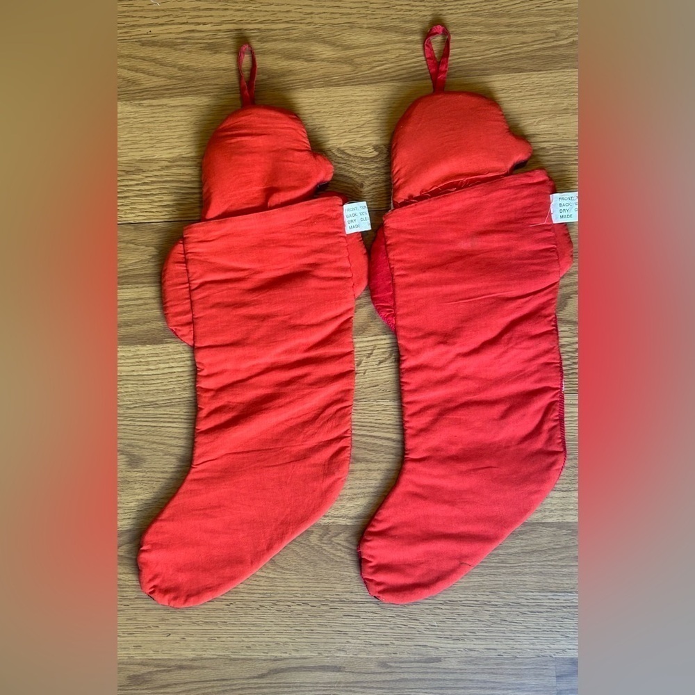 Vintage Handmade Needlepoint Christmas Stockings Set 2 Santa Toys 1990s Decor - Picture 6 of 16